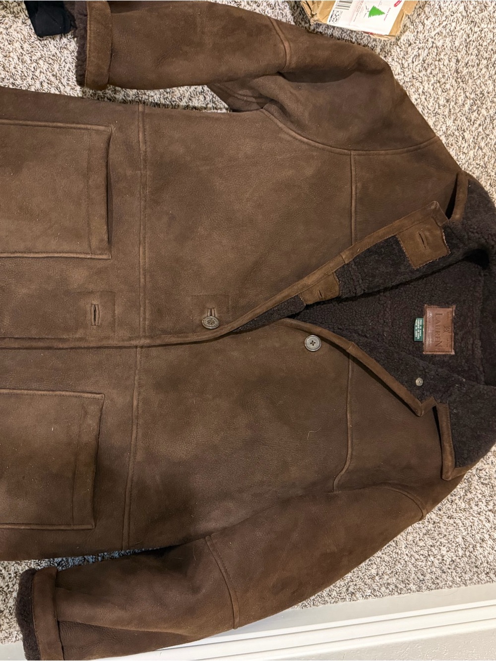Ralph Lauren Brown Suede Shearling Pea Coat